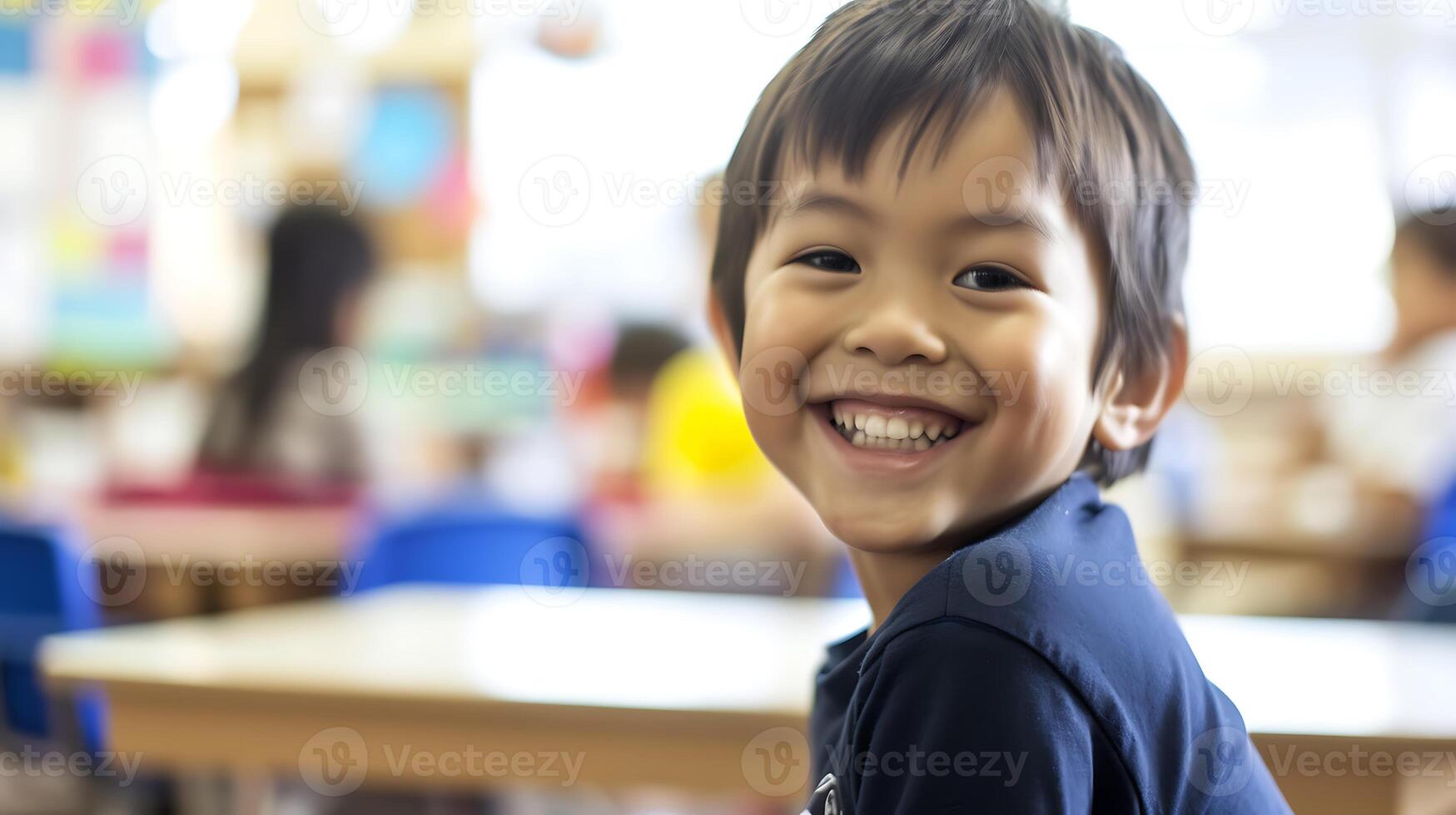 ai generiert lächelnd jung Junge im Klassenzimmer. generativ ai. foto