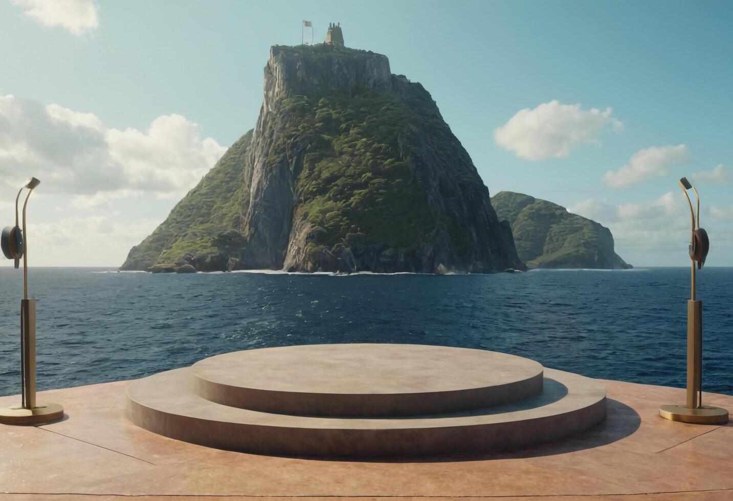 ai generiert hölzern Podium mit Kopieren Raum zum Produkt Anzeige Präsentation auf Palme Strand und Blau Himmel Hintergrund. generativ ai foto