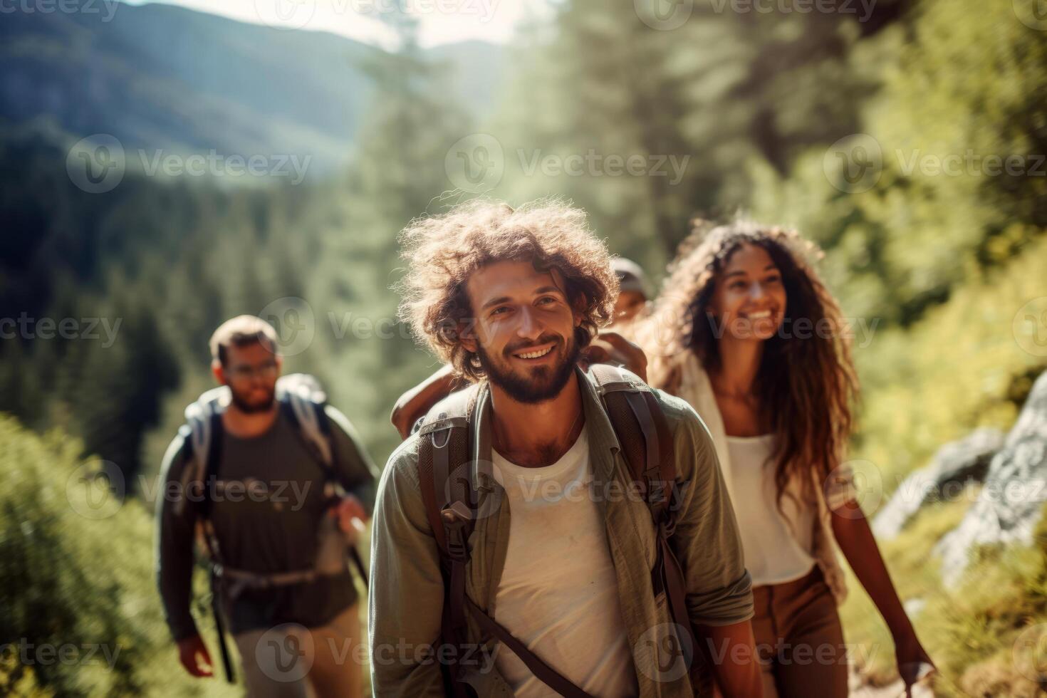 ai generiert Wandern freunde genießen Berg Weg Abenteuer foto