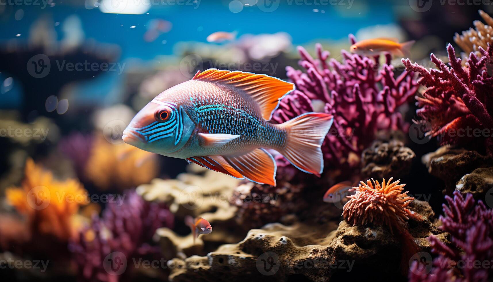 ai generiert unter Wasser Schönheit bunt Fisch schwimmen im das tropisch Riff generiert durch ai foto