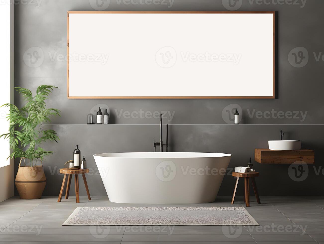 ai generiert modern Badezimmer Innere mit leer Poster auf Badewanne Wand, dekorativ Design geeignet zum Luxus Badezimmer. foto