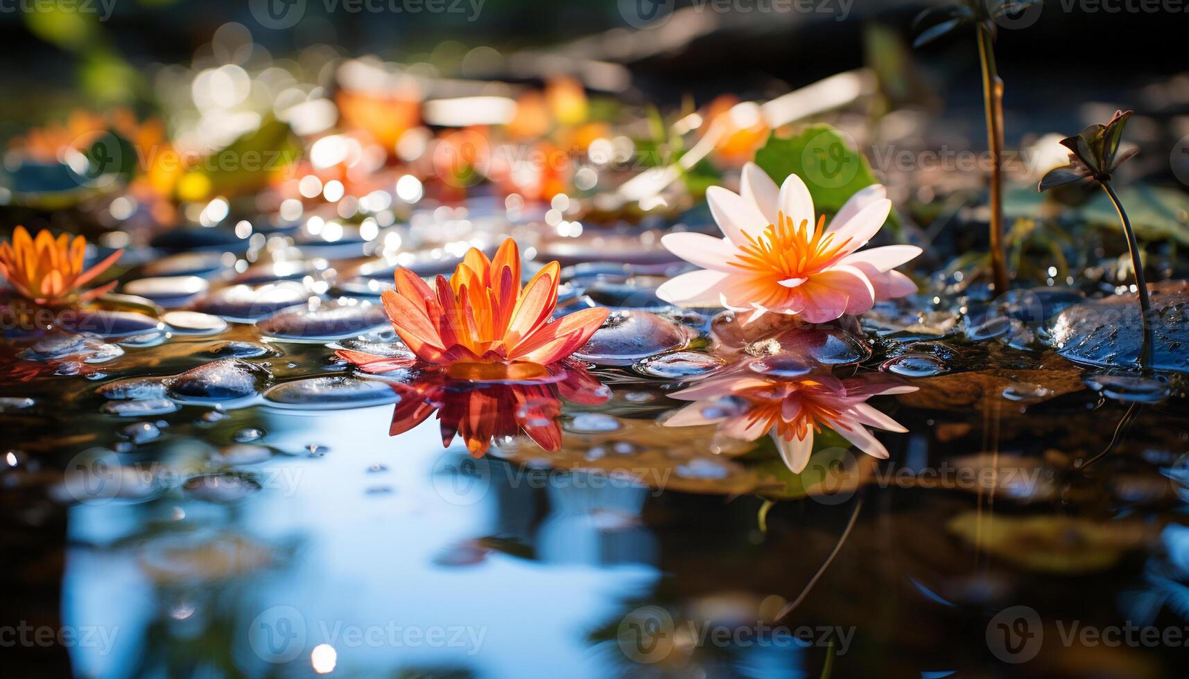 ai generiert ein beschwingt Lotus Blume schwimmt auf ein still Teich generiert durch ai foto