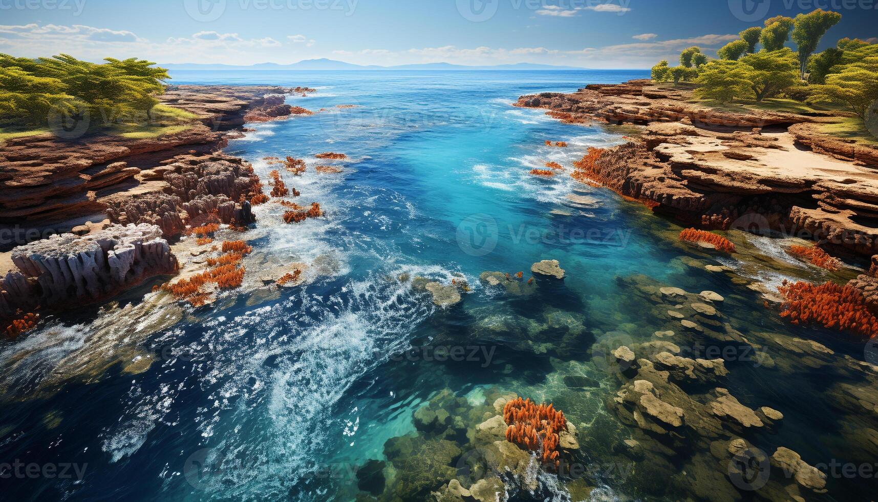 ai generiert majestätisch Berg spiegelt still Himmel, Grün Bäume, und klar Wasser generiert durch ai foto