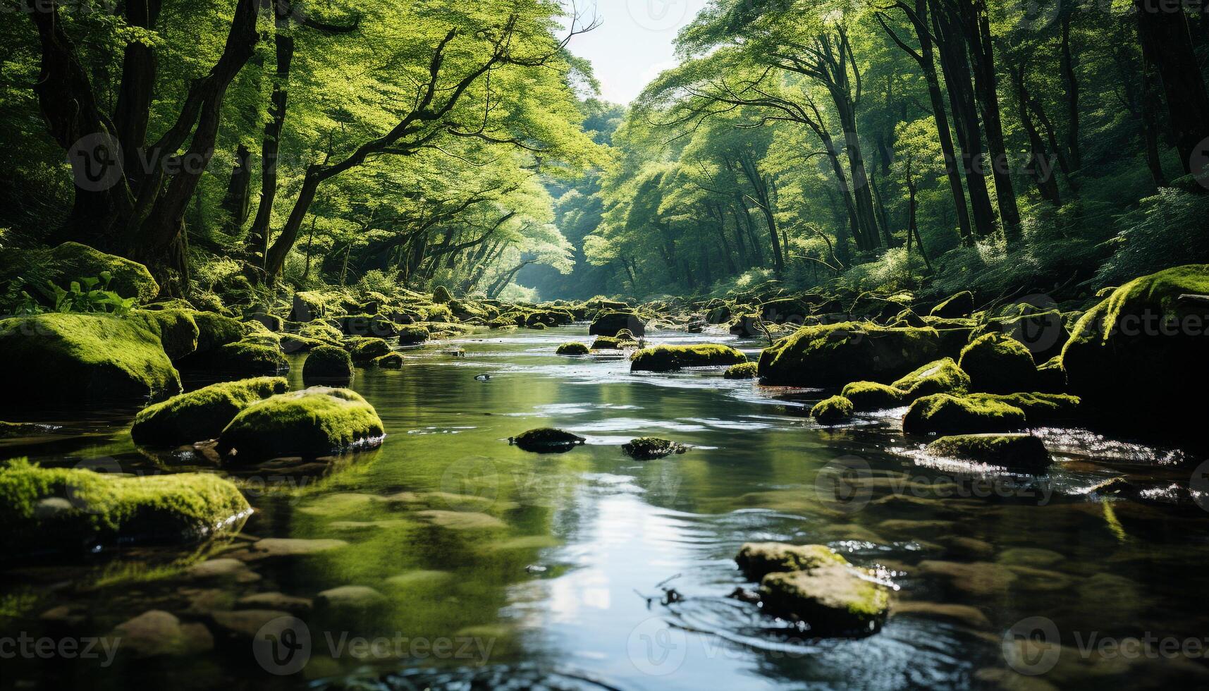 ai generiert still Szene Grün Bäume reflektieren im fließend Wasser, Natur Schönheit generiert durch ai foto