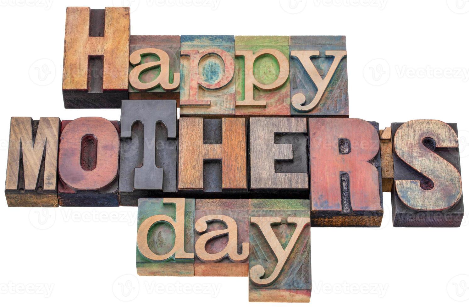 glücklich Mutter Tag - - isoliert Wort abstrakt im Jahrgang, gemischt Schriftarten, Buchdruck Holz Art foto