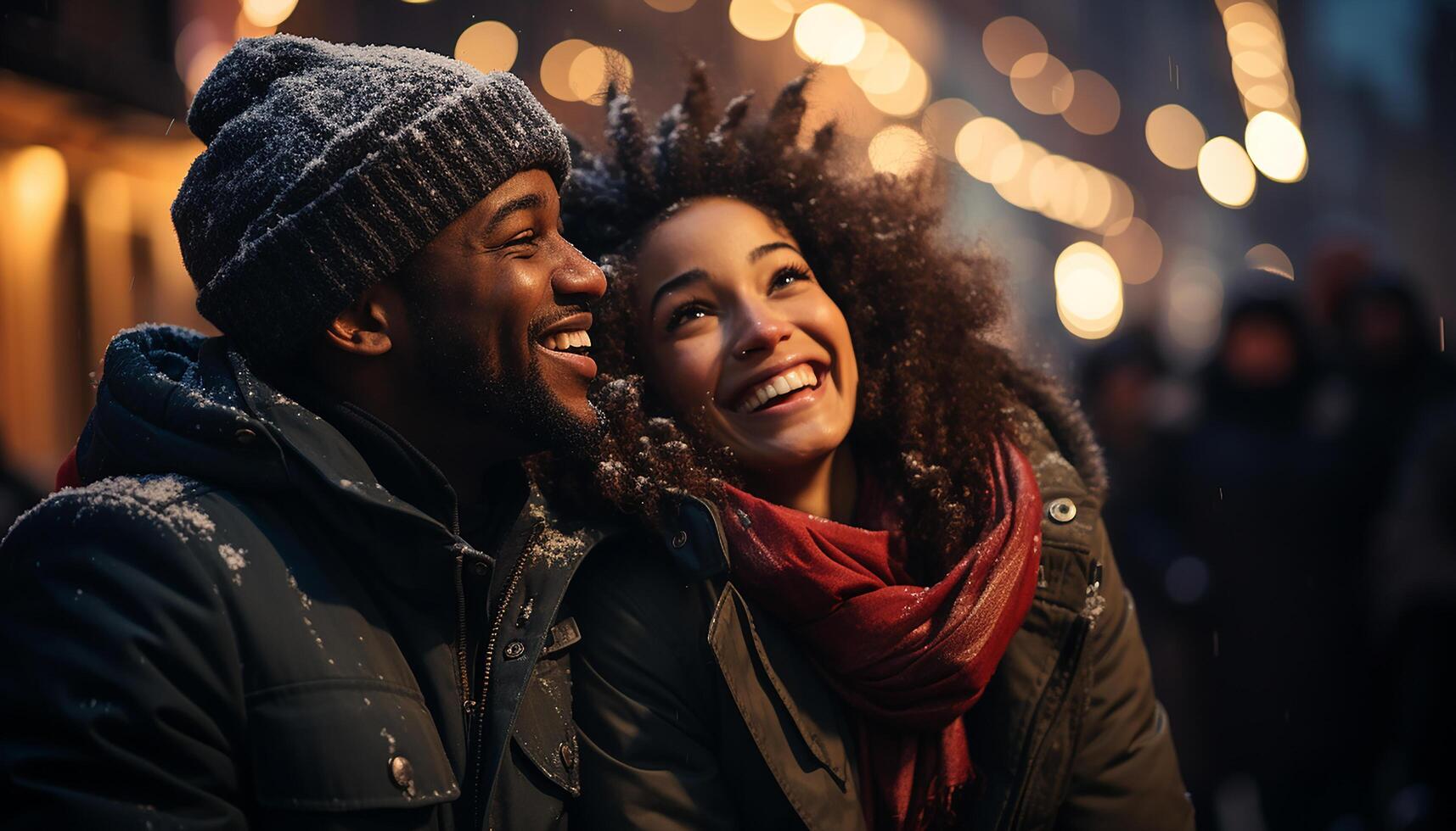 ai generiert jung Paar genießen Winter Nacht draußen, lächelnd und Umarmen generiert durch ai foto