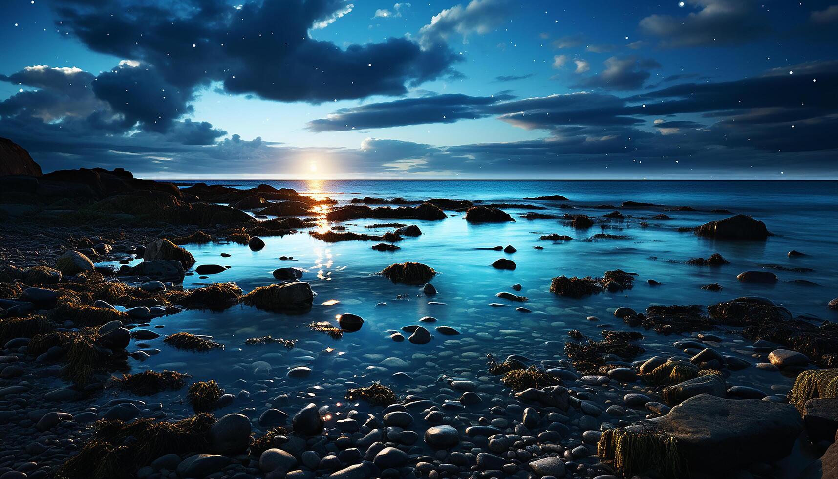 ai generiert still Dämmerung, Blau Himmel, Felsen Küste, Wasser spiegelt Natur Schönheit generiert durch ai foto