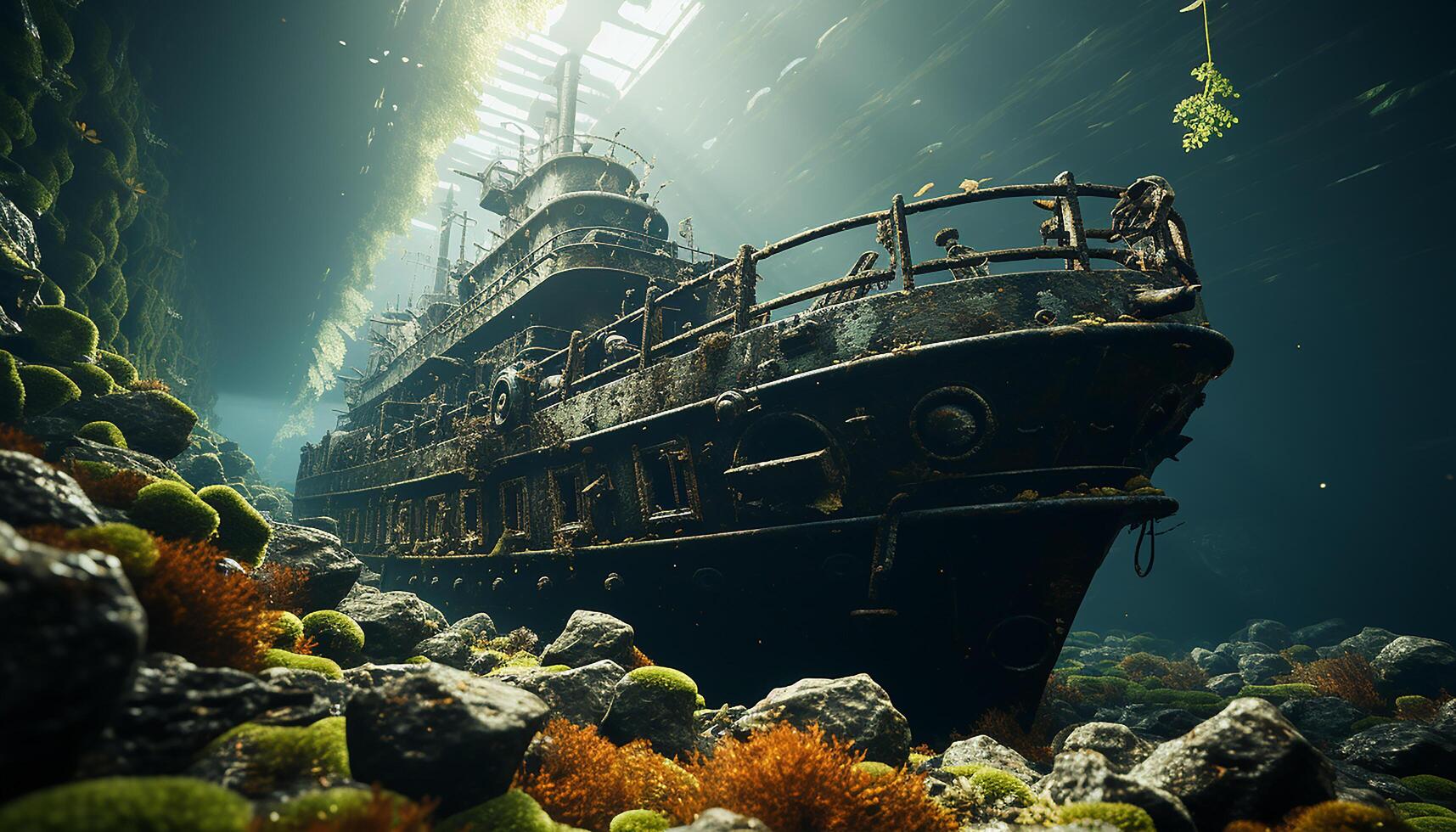 ai generiert unter Wasser Schiffswrack offenbart verlassen Industrie, rostig Stahl Ausrüstung generiert durch ai foto