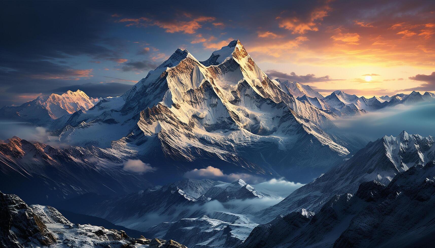 ai generiert majestätisch Berg Gipfel, Schnee bedeckt Landschaft, heiter Sonnenuntergang, still Herbst Wald generiert durch ai foto