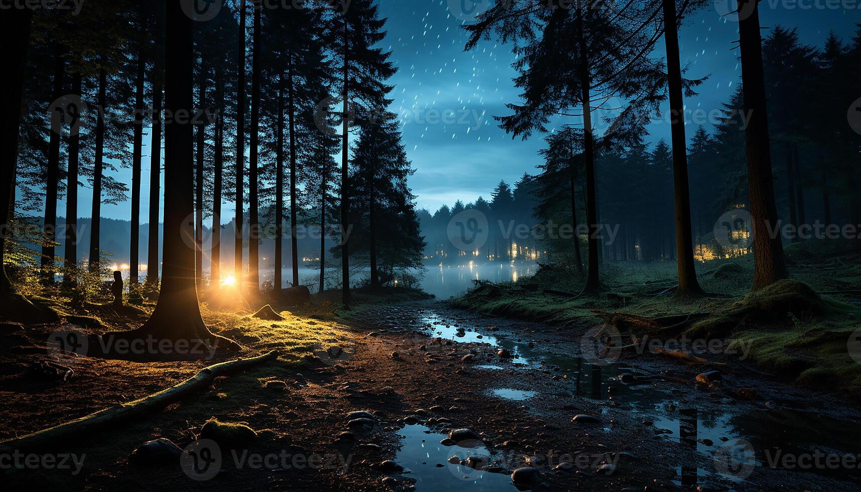 ai generiert still Szene dunkel Wald, beleuchtet durch Mondlicht, spiegelt im Wasser generiert durch ai foto
