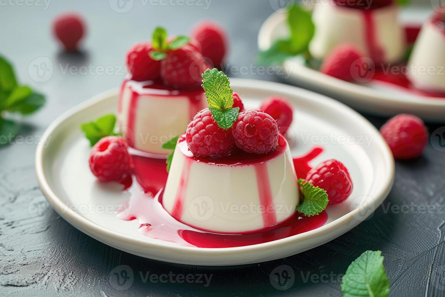 ai generiert Panna Cotta mit Himbeeren Soße und frisch Minze. generativ ai foto