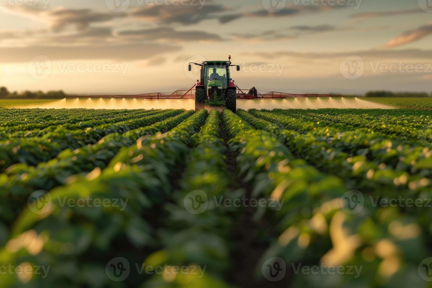 ai generiert Traktor Sprühen Pestizide beim Soja Bohne Feld. generativ ai foto