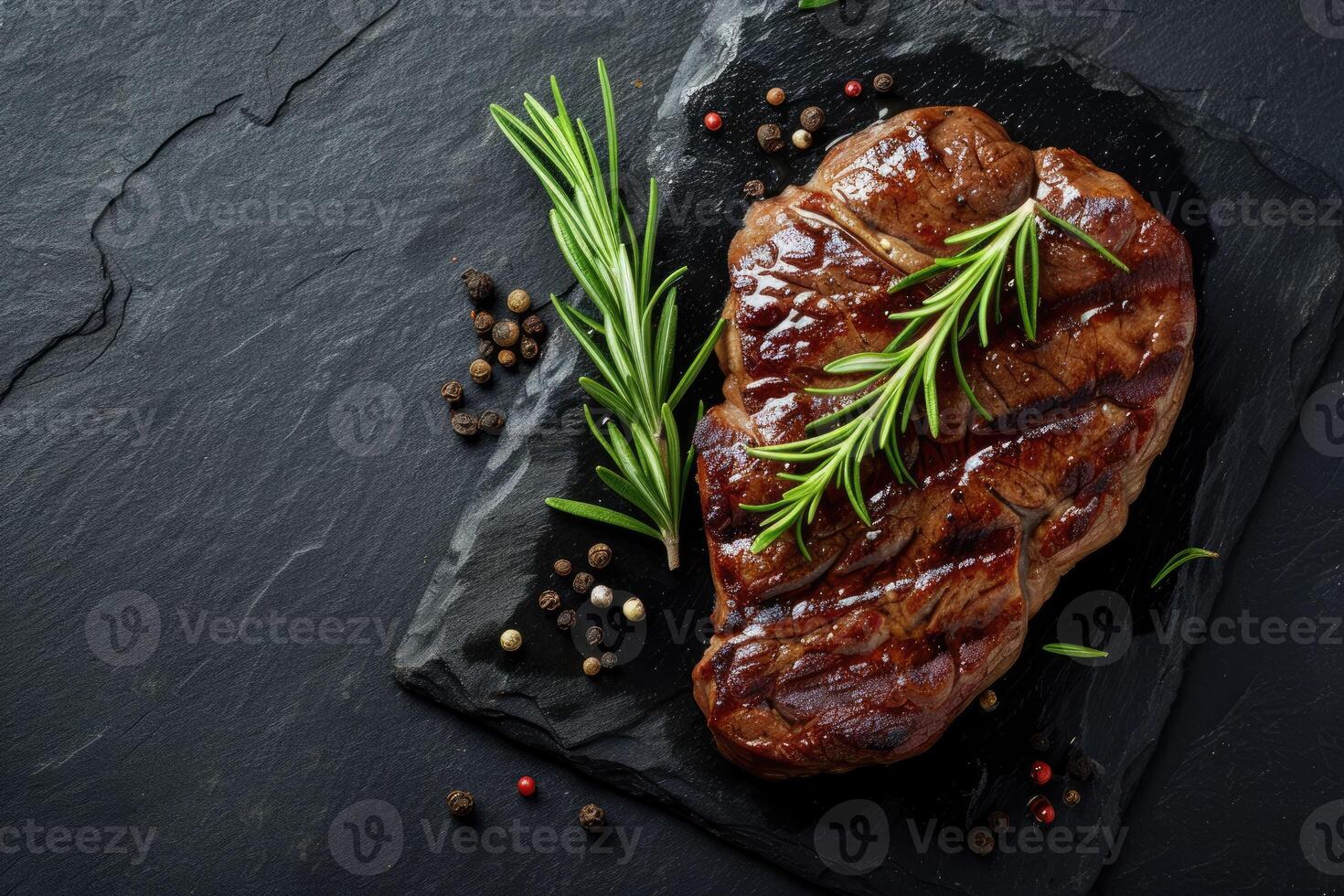 ai generiert geröstet Rindfleisch Steak auf dunkel Stein Hintergrund mit Rosmarin Kräuter. oben Sicht, generativ ai foto