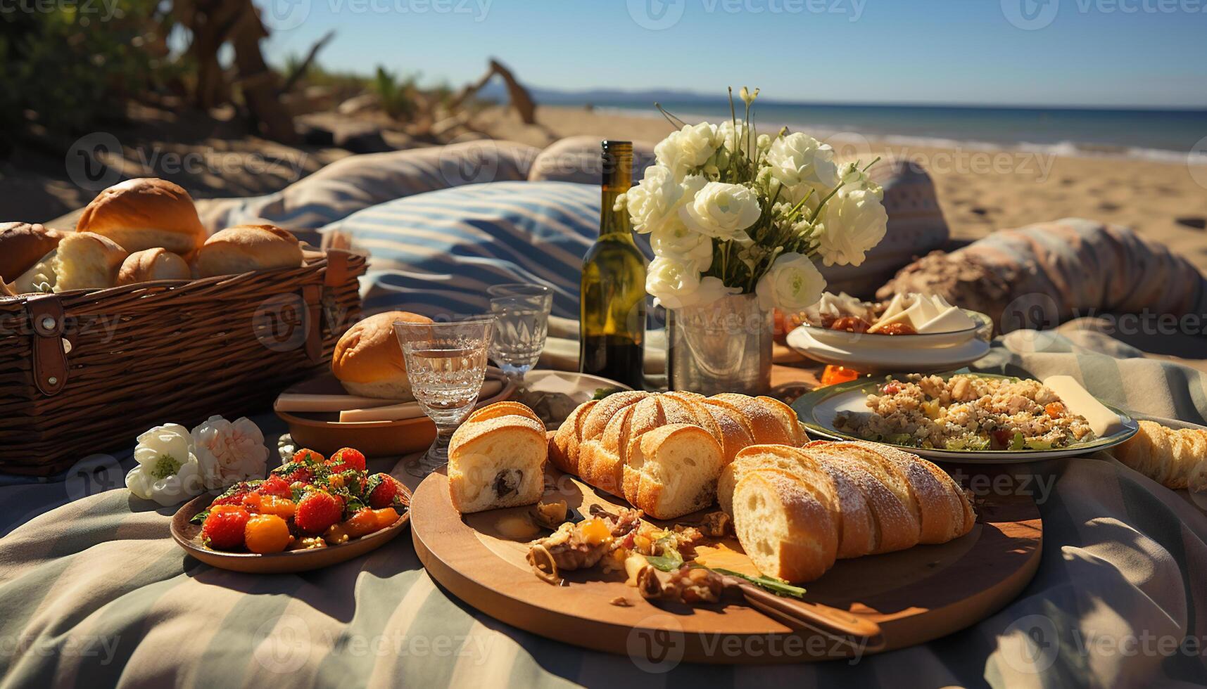 ai generiert ein frisch Sommer- Picknick Mahlzeit draußen mit gegrillt Fleisch und Obst generiert durch ai foto