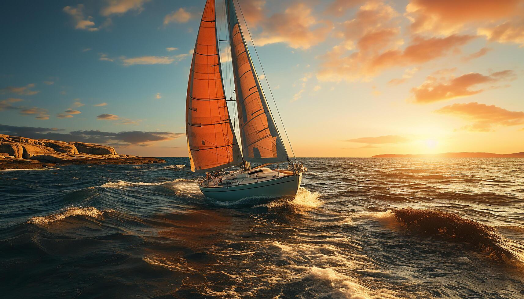 ai generiert Segelboot Segel beim Sonnenuntergang, Natur Schönheit auf Wasser Betrachtung generiert durch ai foto
