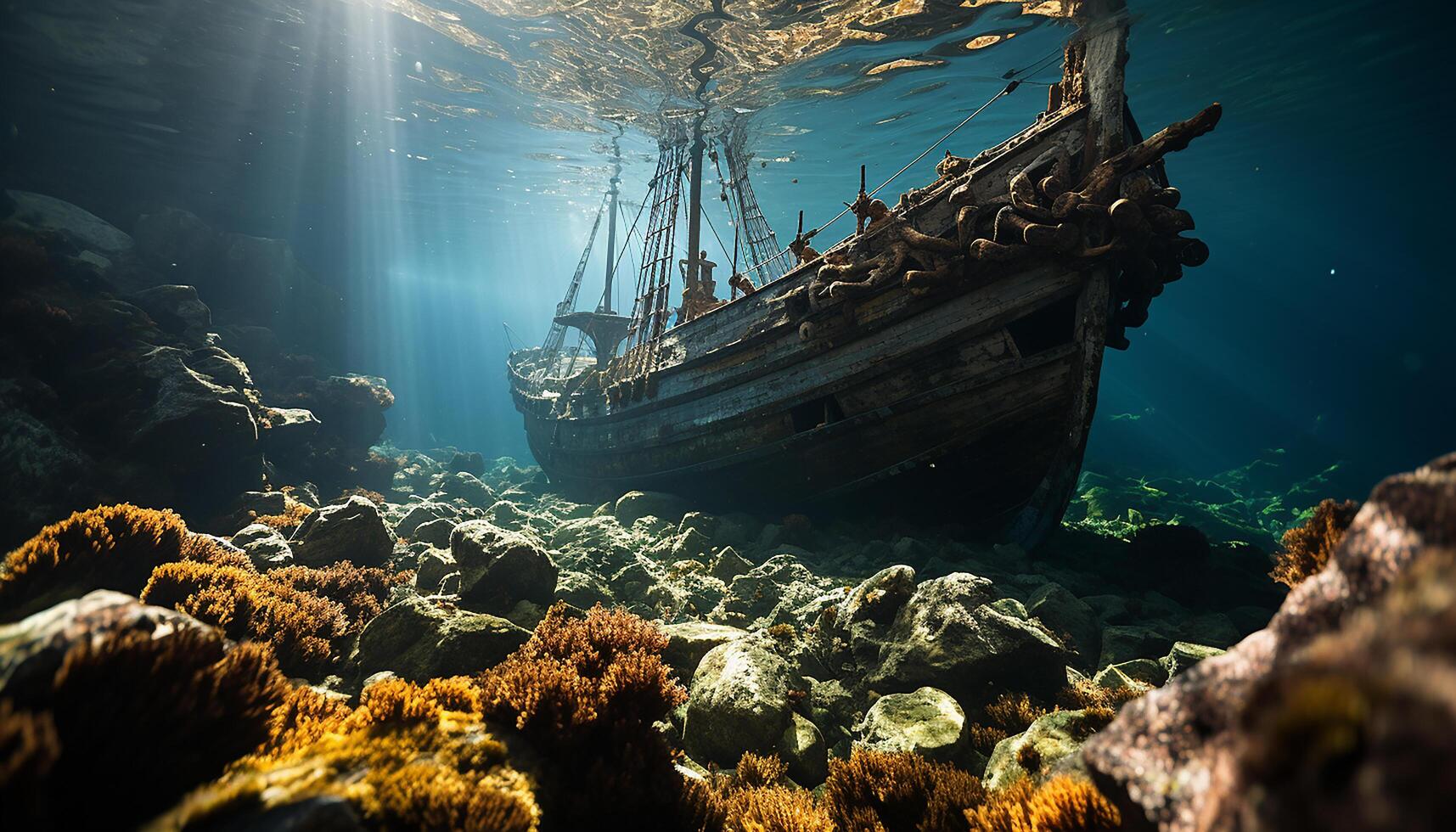 ai generiert unter Wasser Abenteuer Fisch, Schiffswrack, Tauchen Tauchen, Koralle, Meer Leben generiert durch ai foto