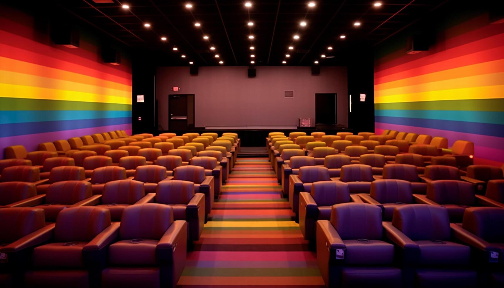 ai generiert leeren Auditorium, beleuchtet Bühne, komfortabel Stühle, modern Ausrüstung, lila Hintergrund generiert durch ai foto