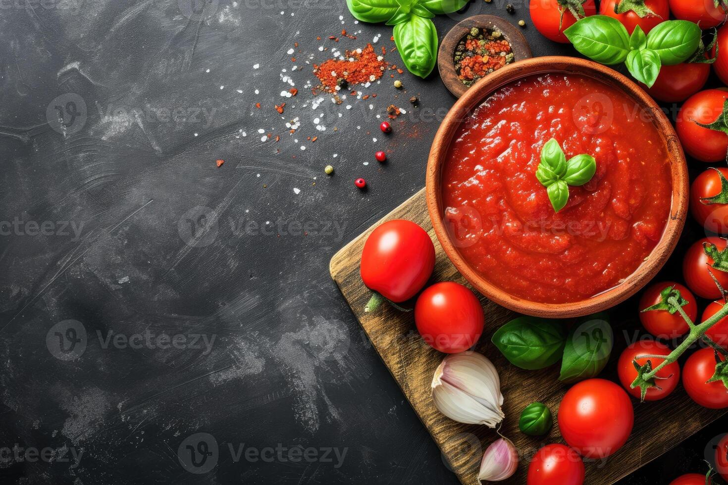ai generiert hausgemacht Tomate Soße Tomatensoße - - traditionell Rezept von Italienisch Küche - - oben Aussicht mit Kopieren Raum. generativ ai foto