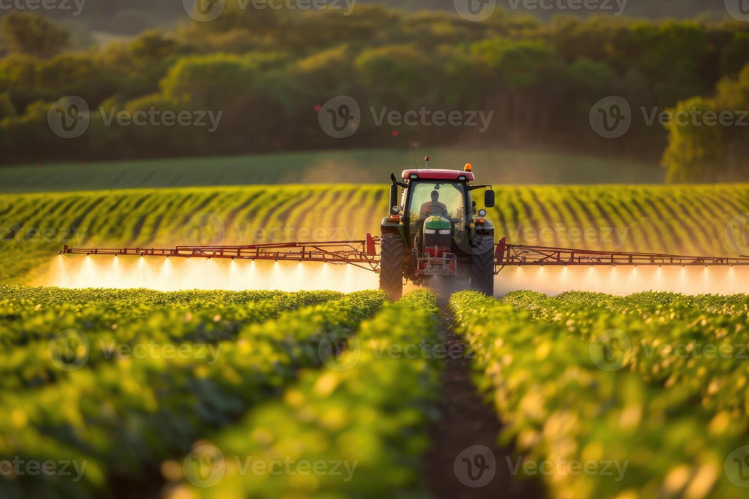 ai generiert Traktor Sprühen Pestizide beim Soja Bohne Feld. generativ ai foto