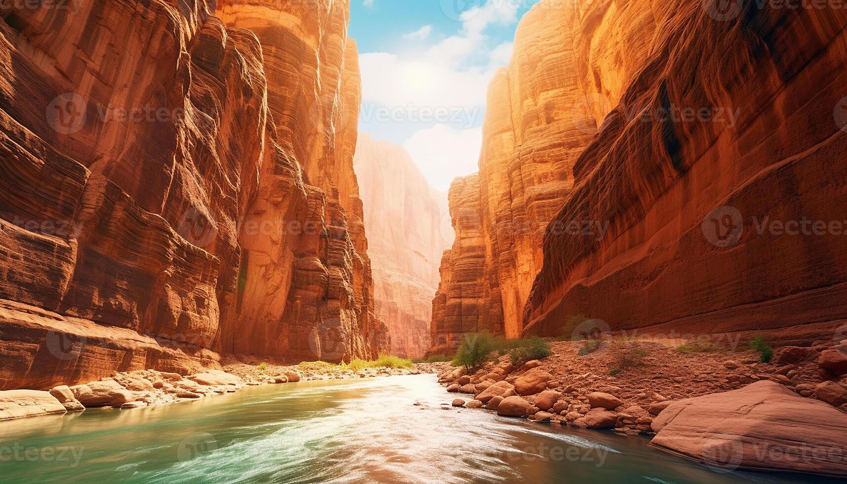 ai generiert majestätisch Berg, erodiert Felsen, fließend Wasser, still Szene, Natur Schönheit generiert durch ai foto