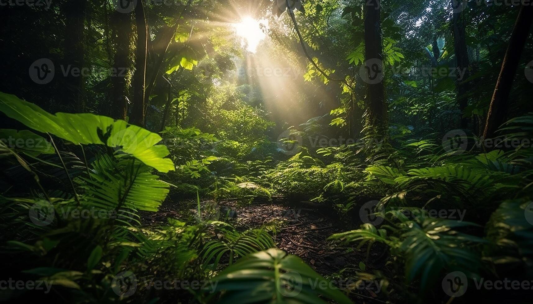 ai generiert üppig Grün Wald, beschwingt Blätter, still draußen, tropisch Schönheit generiert durch ai foto