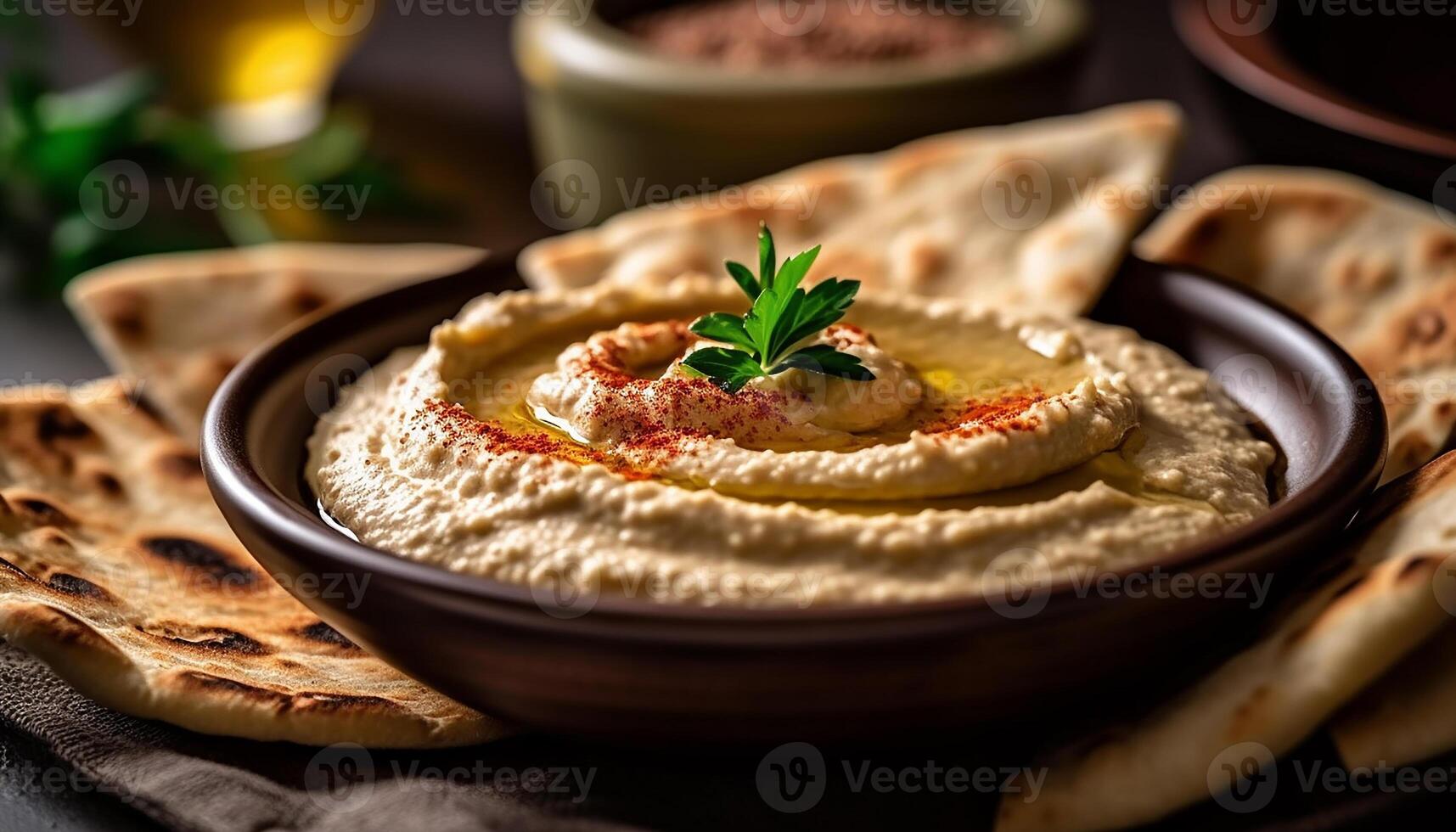 ai generiert Frische und Geschmack im ein hausgemacht Hummus tauchen mit Pita-Brot generiert durch ai foto