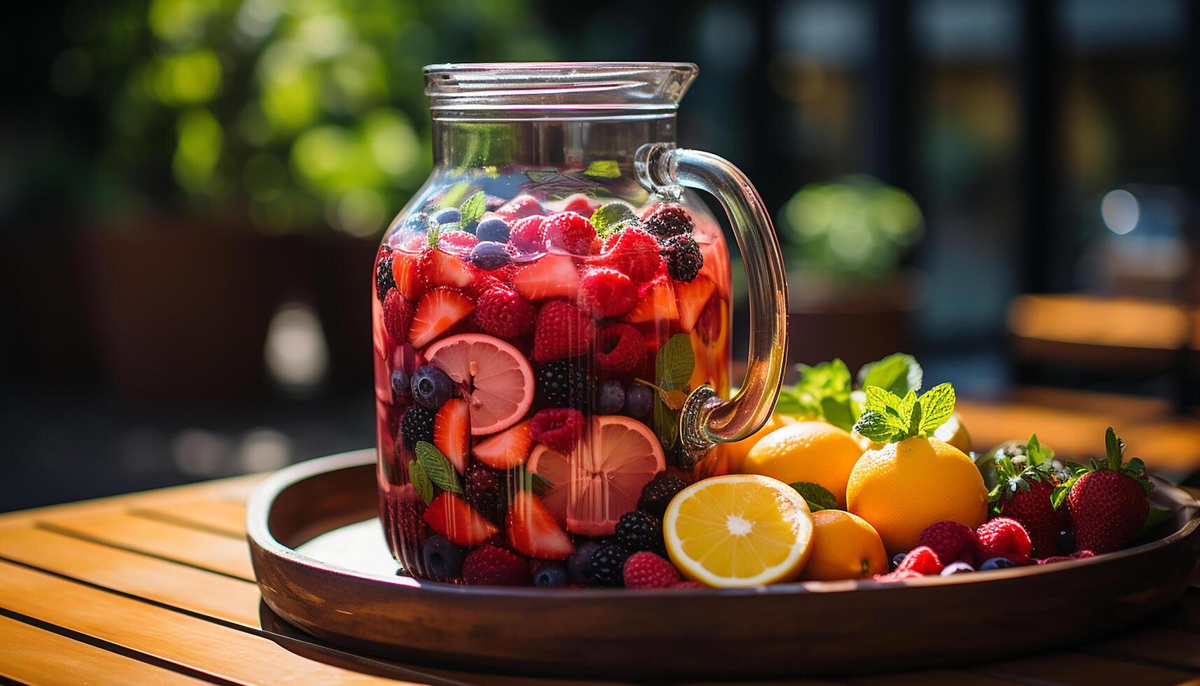 ai generiert frisch Sommer- Obst auf hölzern Tisch, gesund Essen im Natur generiert durch ai foto