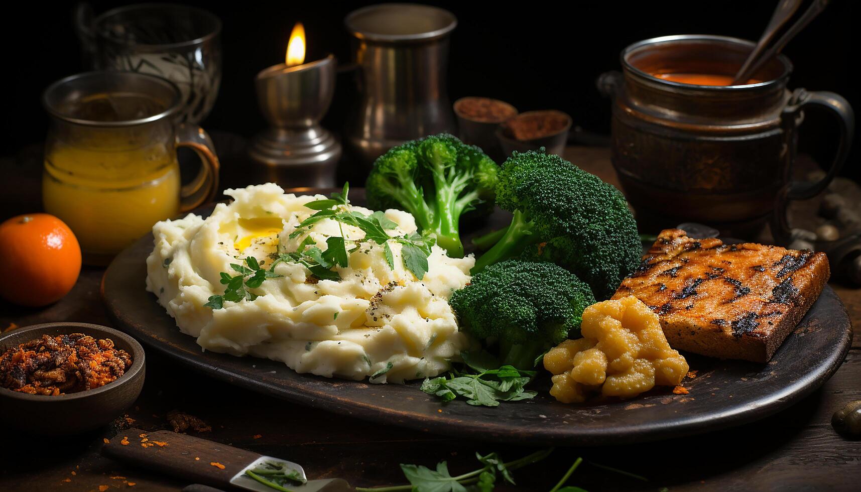 ai generiert Frische und Gourmet Mahlzeit auf ein rustikal hölzern Tabelle generiert durch ai foto