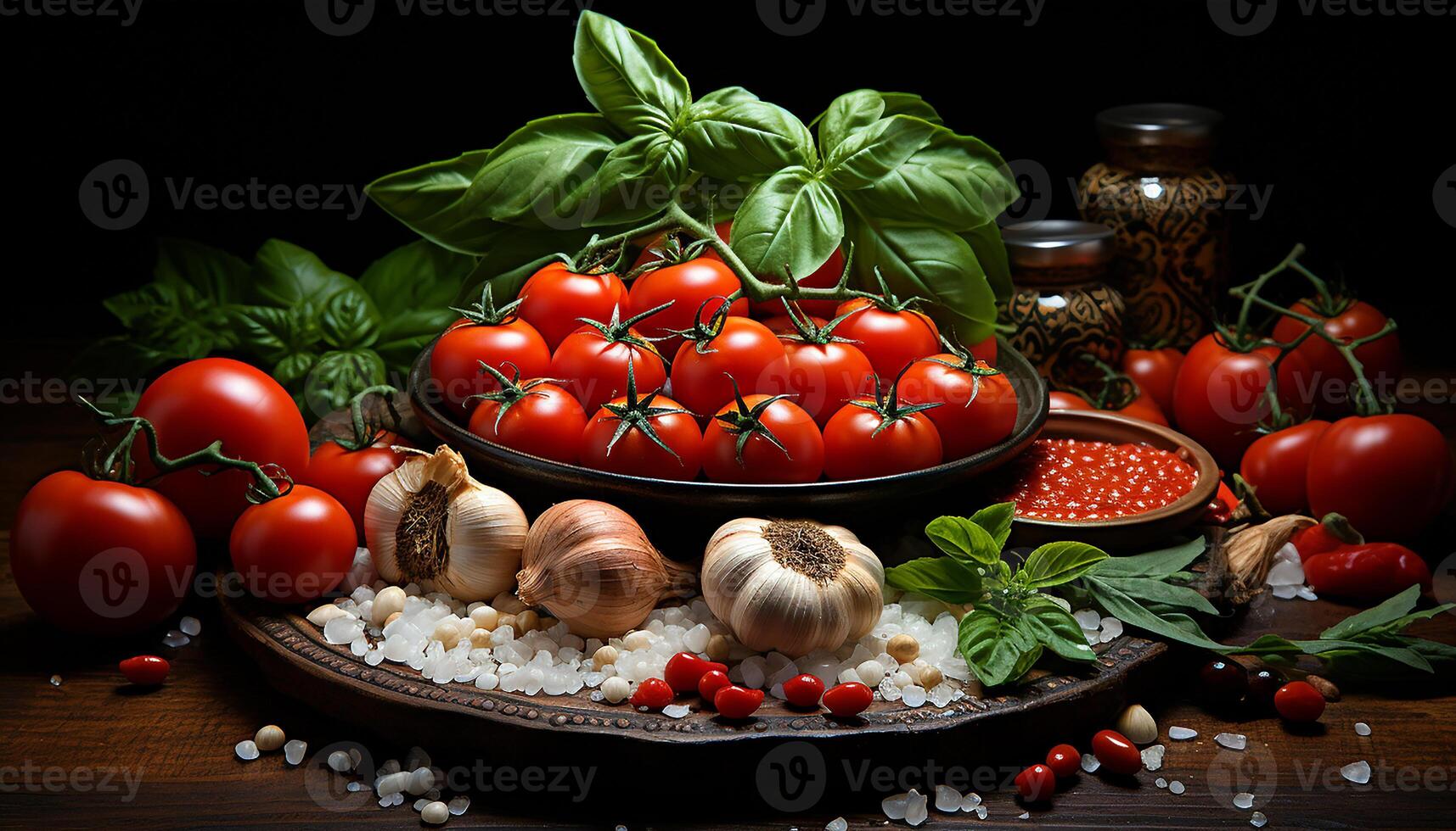 ai generiert frisch Tomate, Knoblauch, Blatt, gesund Essen, Vegetarier Essen, würzen, organisch, Kraut, Pasta, Salat generiert durch ai foto