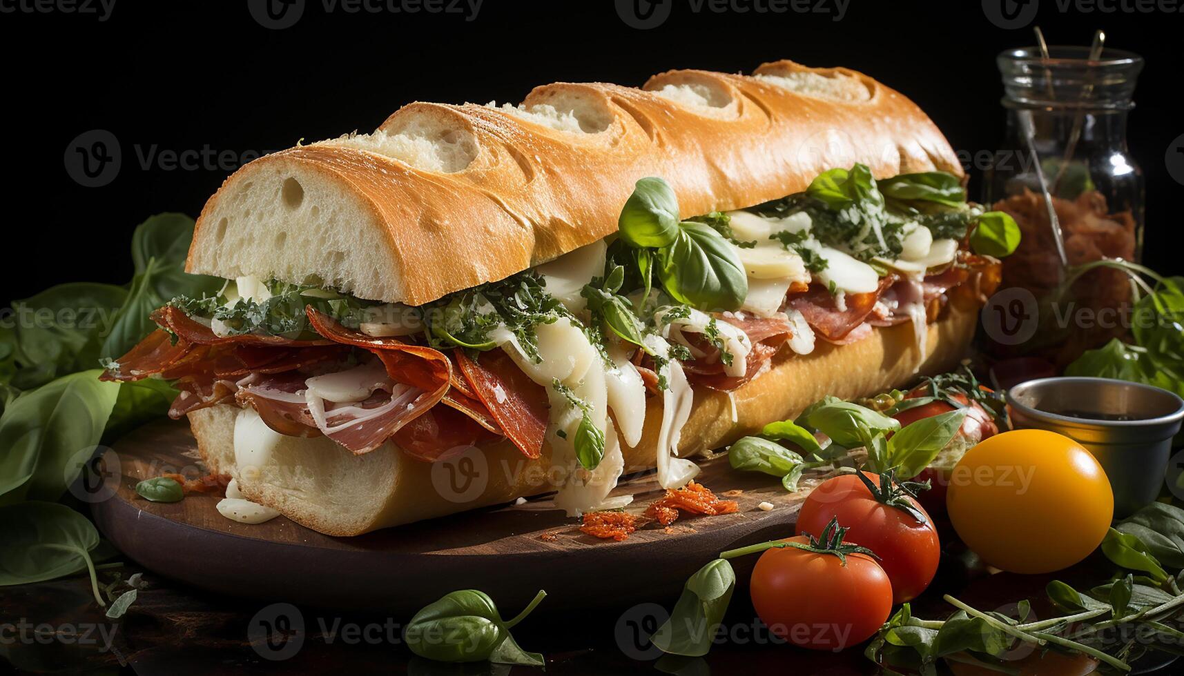 ai generiert Frische und gegrillt Fleisch auf ein Ciabatta Sandwich, ein Gourmet Mahlzeit generiert durch ai foto