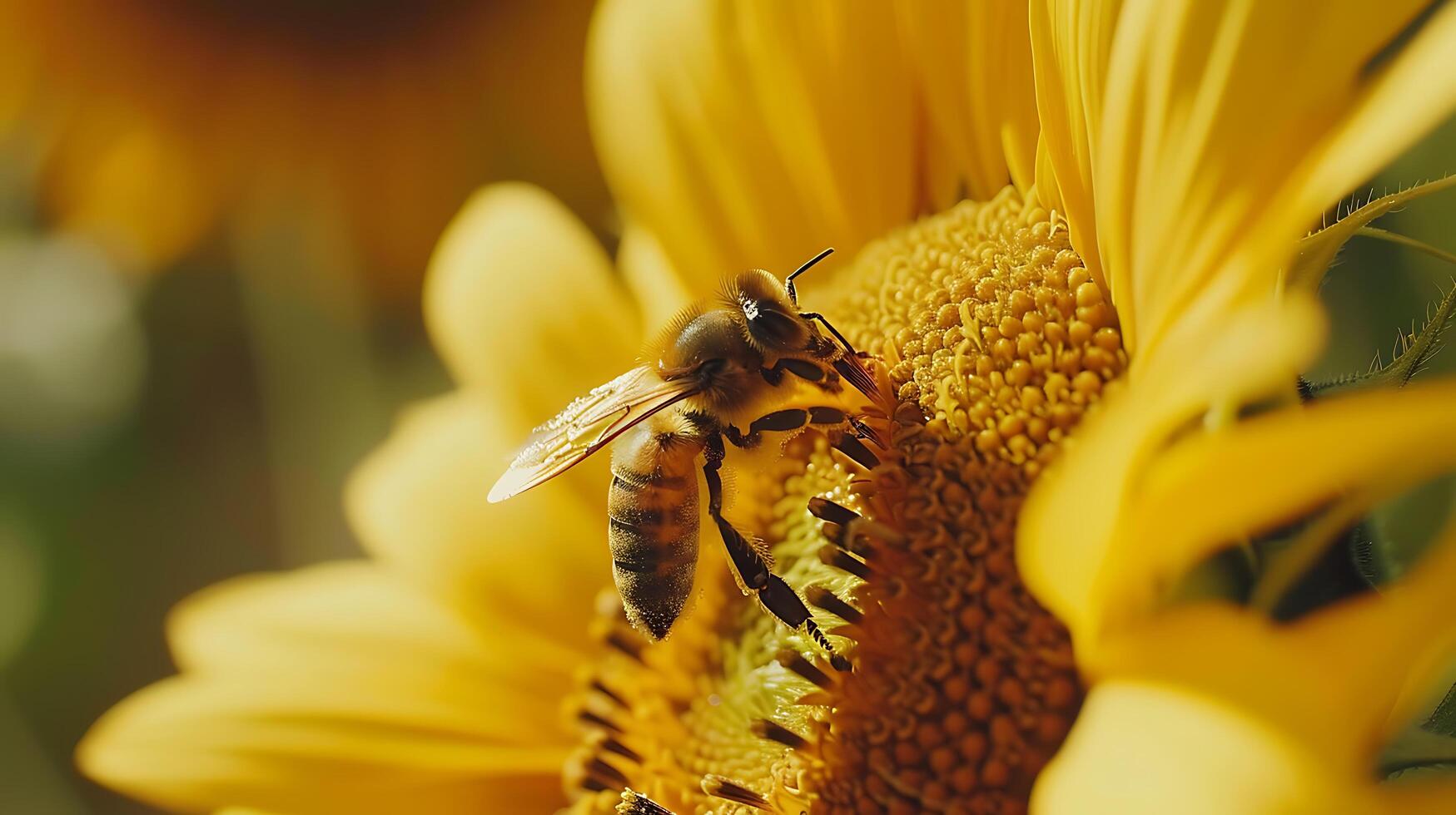 ai generiert Biene Sammeln Nektar von Wildblume Makro Linse erfasst kompliziert Einzelheiten im üppig Grün Laub foto