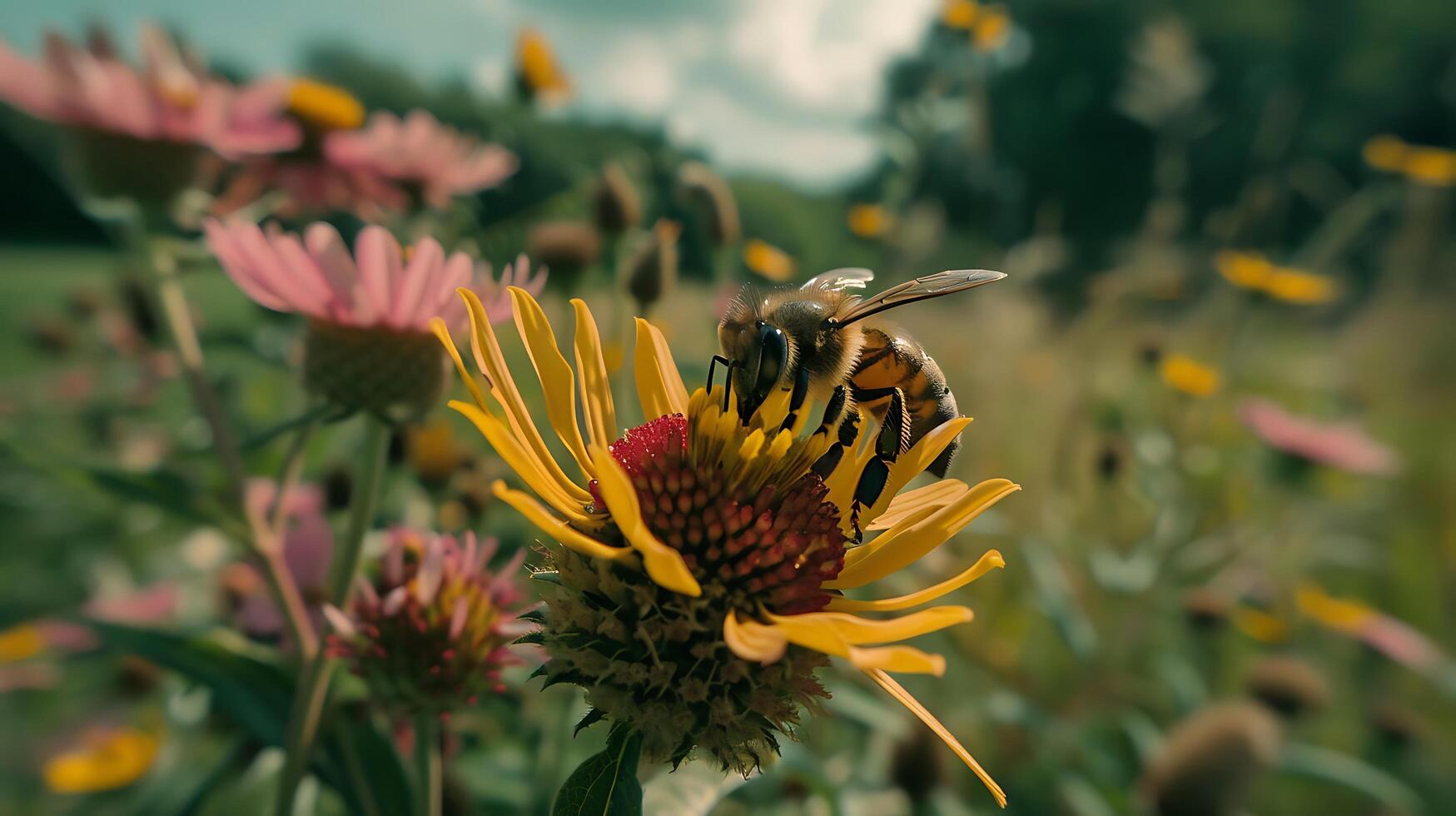 ai generiert Biene Sammeln Nektar im Sanft natürlich Licht Umarmen friedlich und natürlich Umgebung foto