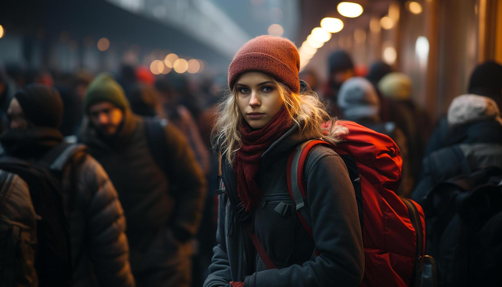 ai generiert jung Erwachsene im warm Kleidung Gehen draußen im Winter Stadt generiert durch ai foto