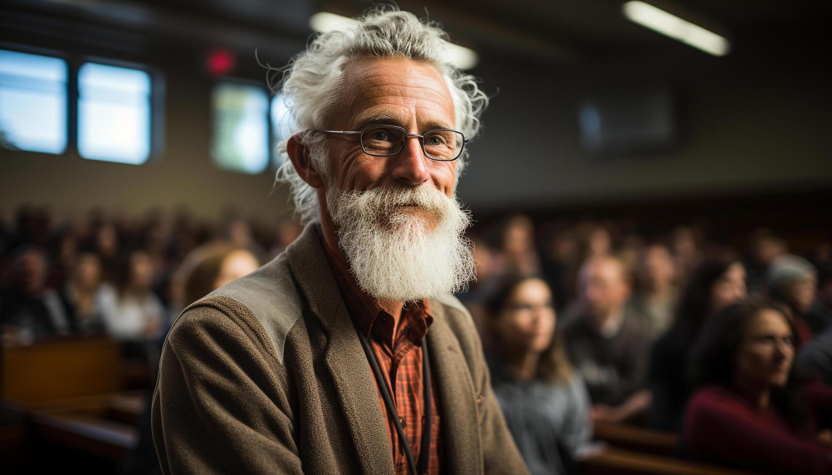 ai generiert lächelnd Senior Professor selbstbewusst suchen beim Kamera im Klassenzimmer generiert durch ai foto