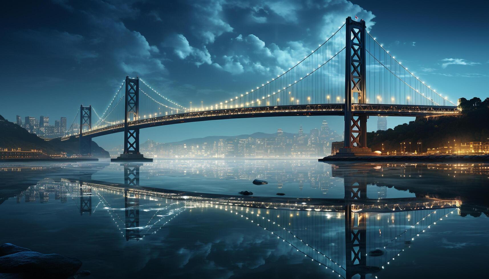 ai generiert berühmt Brücke leuchtet Stadt Horizont, reflektieren im Wasser beim Nacht generiert durch ai foto