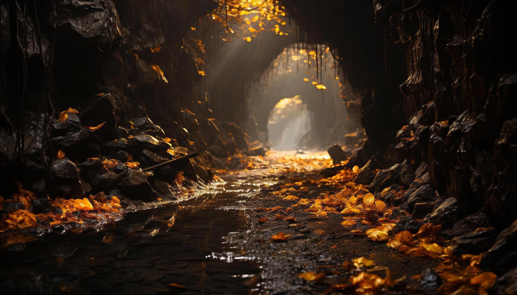 ai generiert mysteriös Herbst Wald nass Felsen, Gelb Blätter, dunkel Schönheit generiert durch ai foto