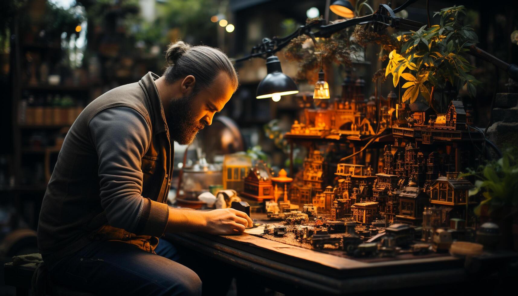 ai generiert einer jung Mann, erfahren im Handwerkskunst, besitzt ein klein Werkstatt generiert durch ai foto