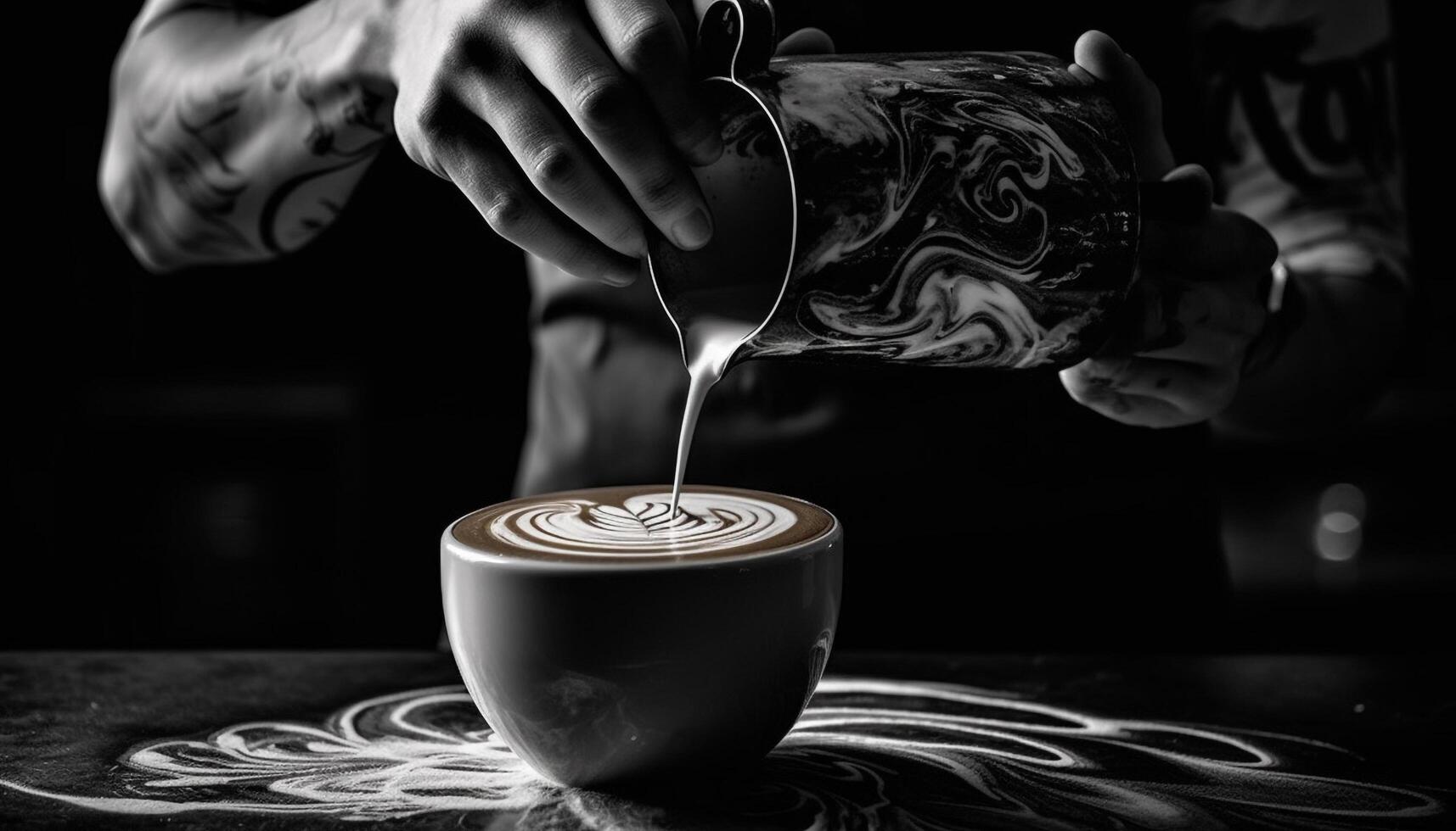 ai generiert ein Barista Gießen ein schaumig Cappuccino auf ein Kaffee Geschäft Tabelle generiert durch ai foto