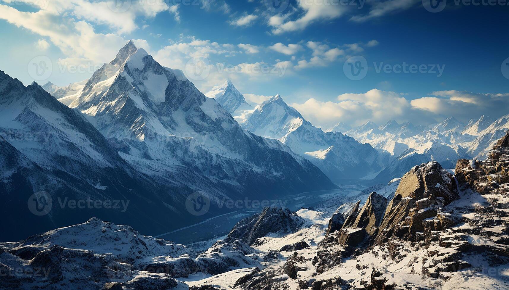 ai generiert majestätisch Berg Gipfel, Blau Himmel, still Wiese, Natur Schönheit generiert durch ai foto