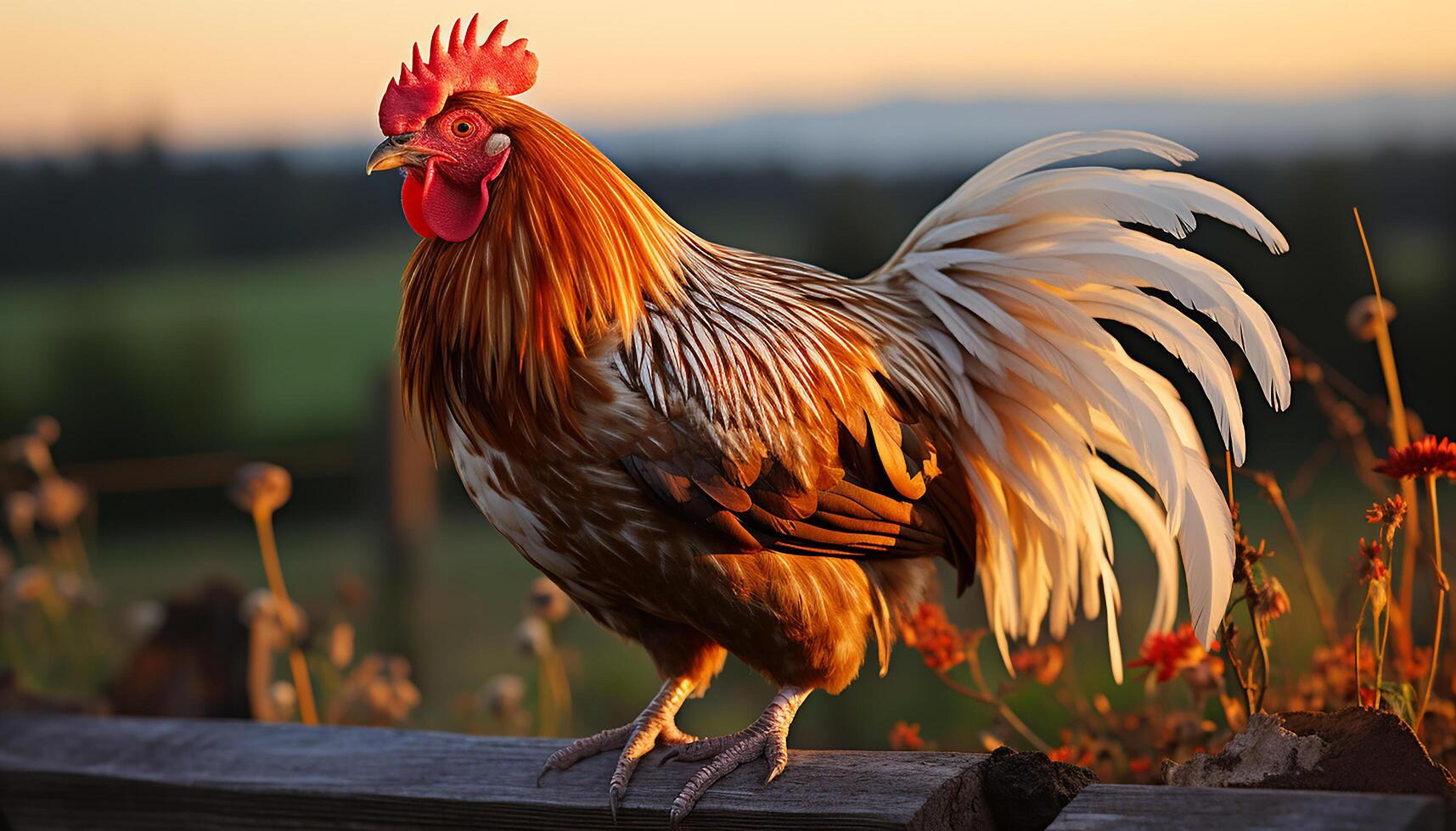 ai generiert majestätisch Hahn steht frei, Bantam- Schönheit im Natur Wiese generiert durch ai foto