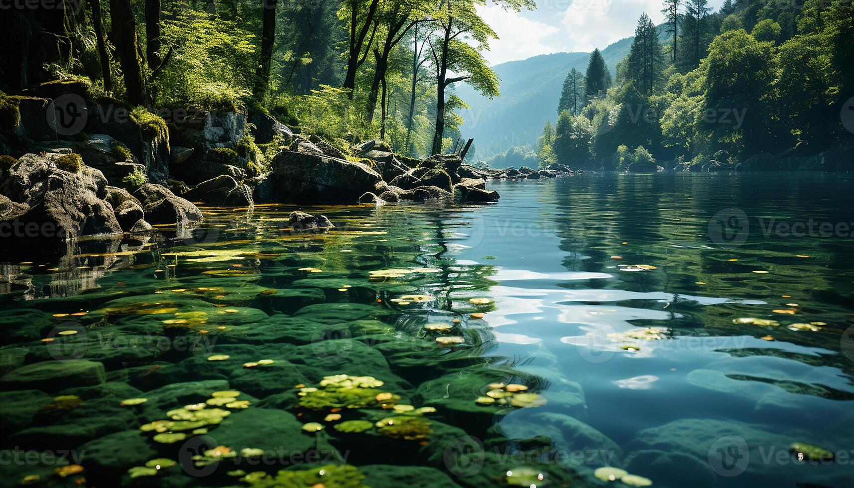 ai generiert still Szene von Grün Wald, Berg, und fließend Wasser generiert durch ai foto