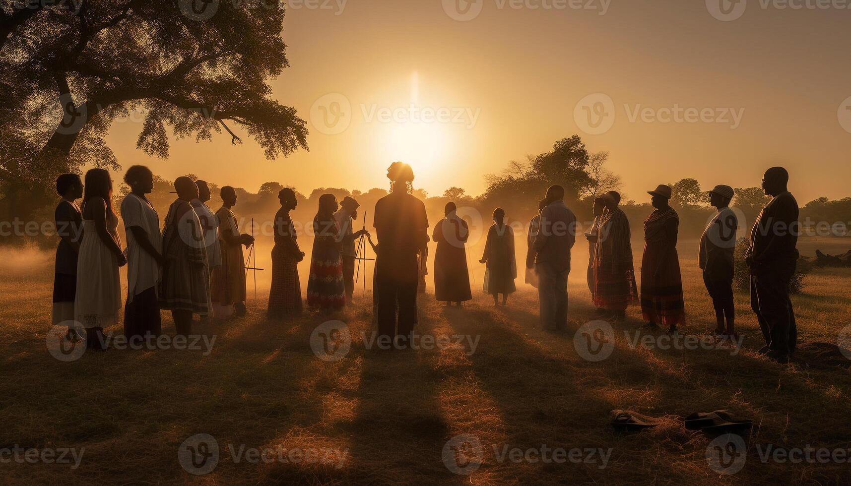 ai generiert Gruppe von Menschen Gehen draußen, von hinten beleuchtet durch Sonnenuntergang, halten Hände generiert durch ai foto