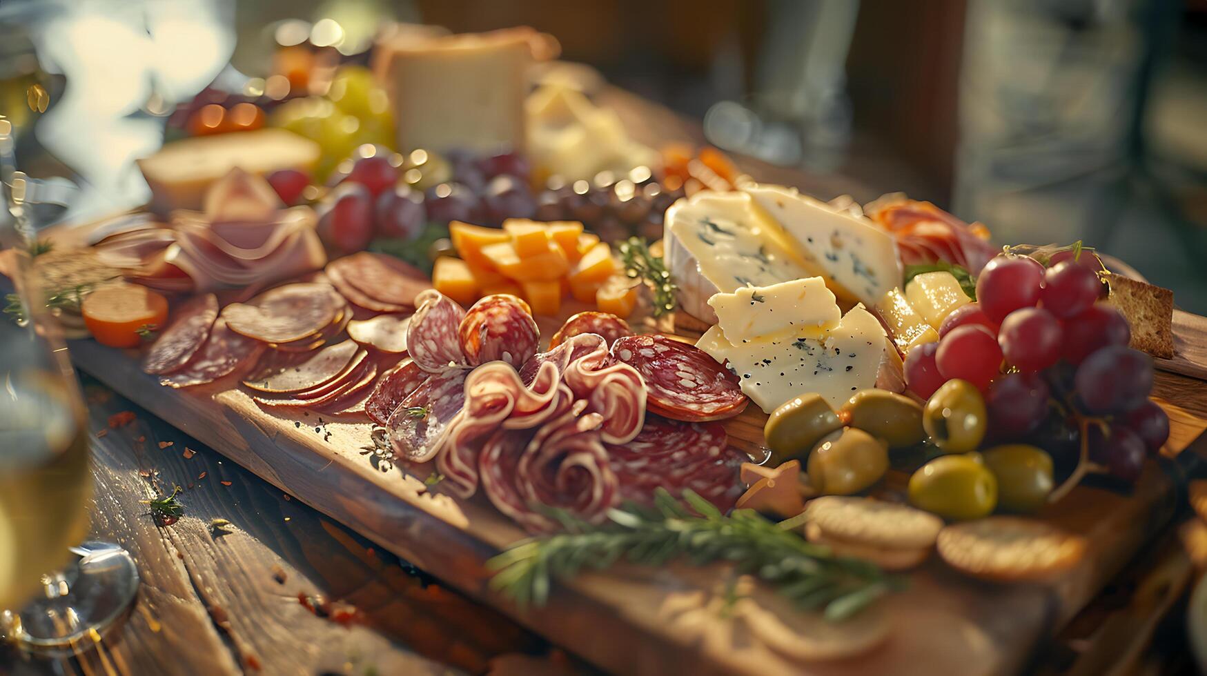 ai generiert kunstvoll vereinbart worden Wurstwaren Tafel mit sortiert Käse geheilt Fleisch Früchte und Nüsse gebadet im Sanft natürlich Licht foto