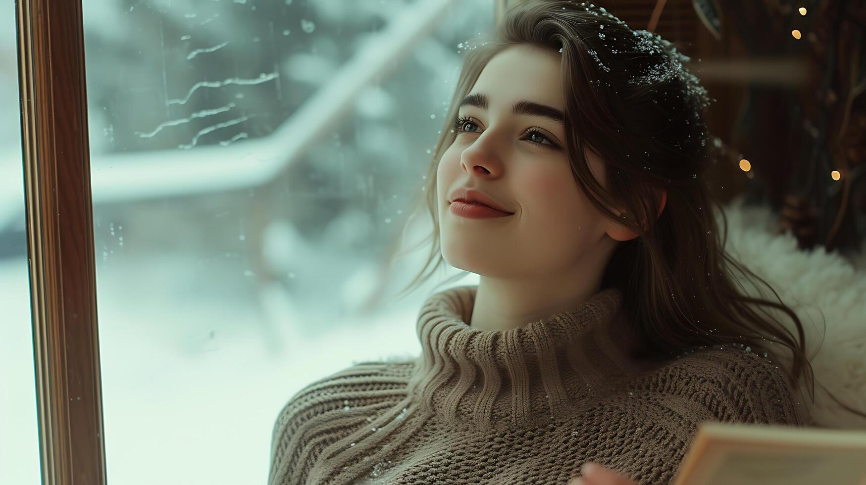 ai generiert heiter jung Frau genießt gemütlich lesen Winkel mit schneebedeckt Landschaft Aussicht foto