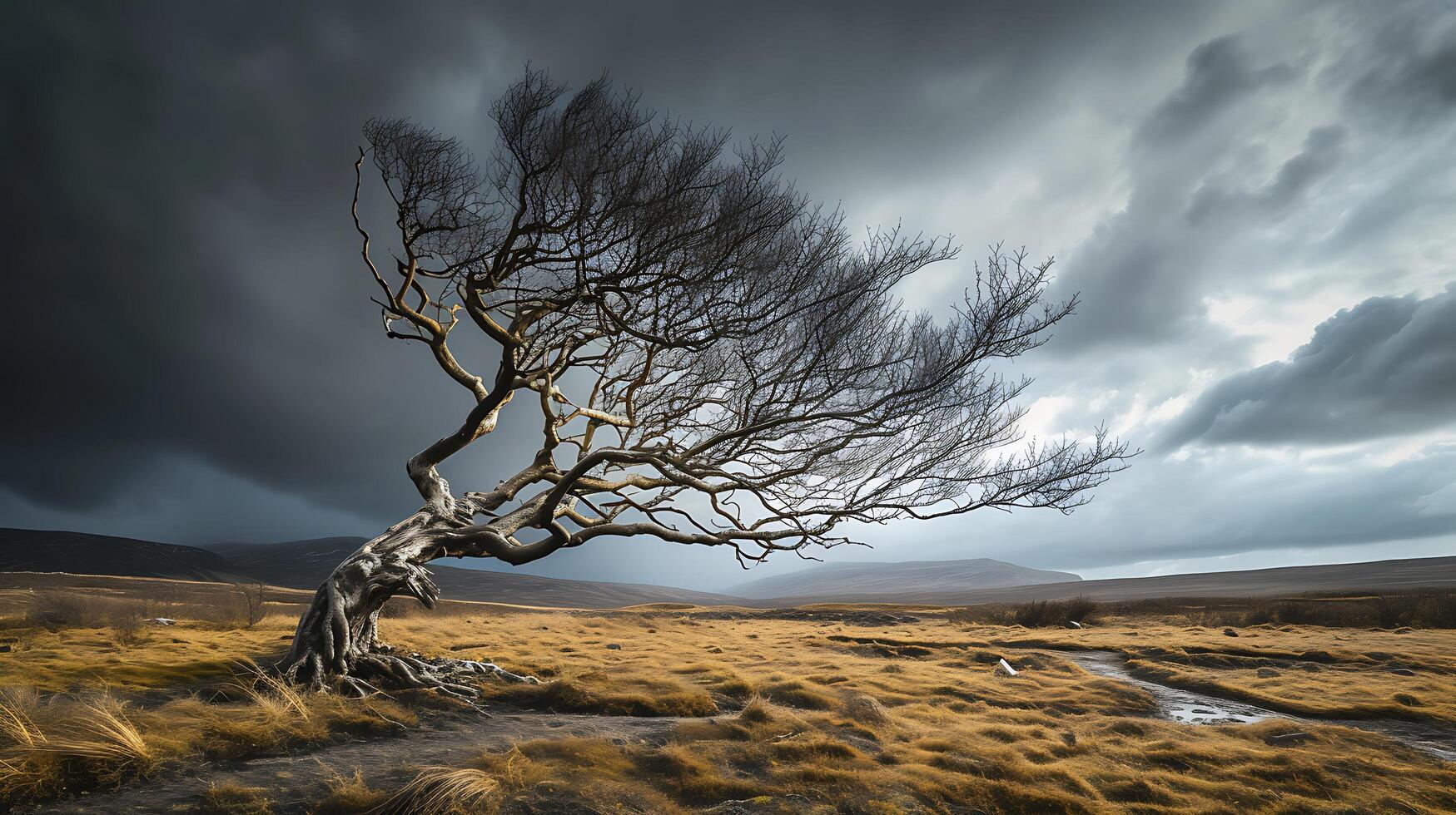 ai generiert belastbar Baum steht Feste inmitten Sturm symbolisieren Ausdauer und Stärke foto