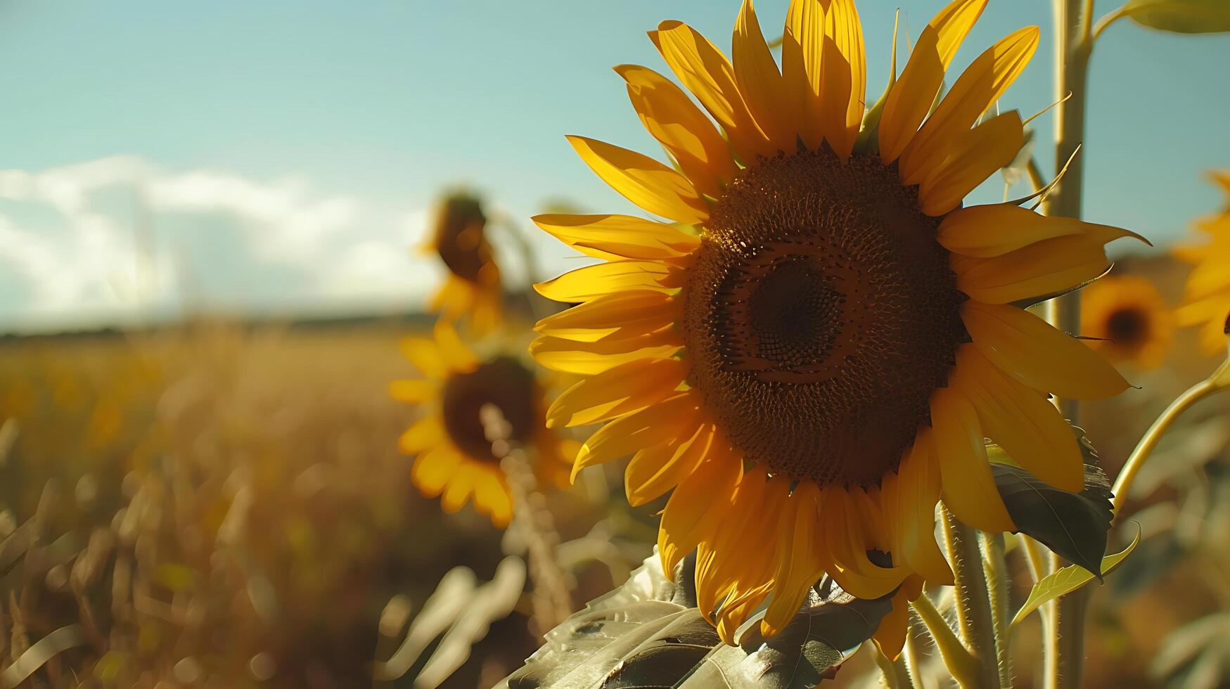 ai generiert Sonnenblume Feld blüht beim golden Stunde wie warm natürlich Licht Abgüsse ein still glühen foto