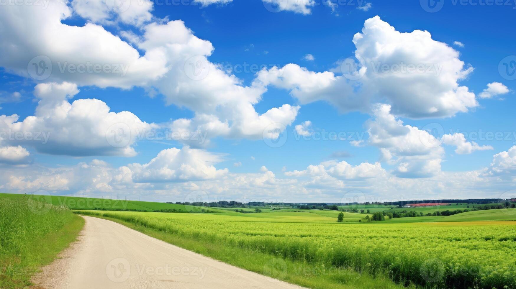 ai generiert ein schön Landschaft entfaltet sich mit ein Straße Wicklung durch Felder unter ein Blau Himmel geschmückt mit flauschige Wolken. ai generiert. foto