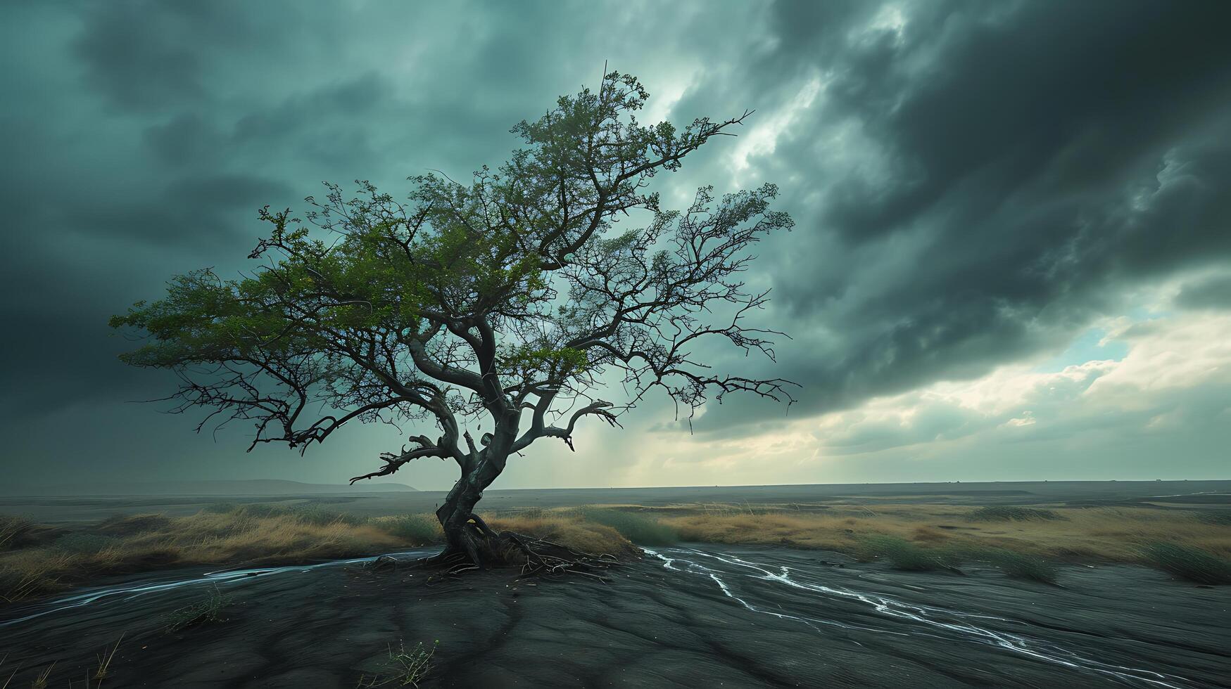 ai generiert belastbar Baum steht Feste gegen stürmisch Himmel ausdauernd Symbol von Stärke und Beharrlichkeit foto