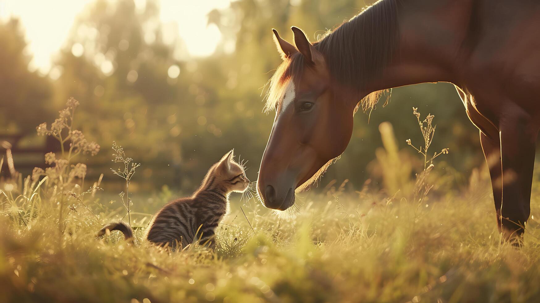 ai generiert unwahrscheinlich Paar Tabby Katze und braun Pferd Teilen herzerwärmend Moment im sonnenverwöhnt Wiese foto