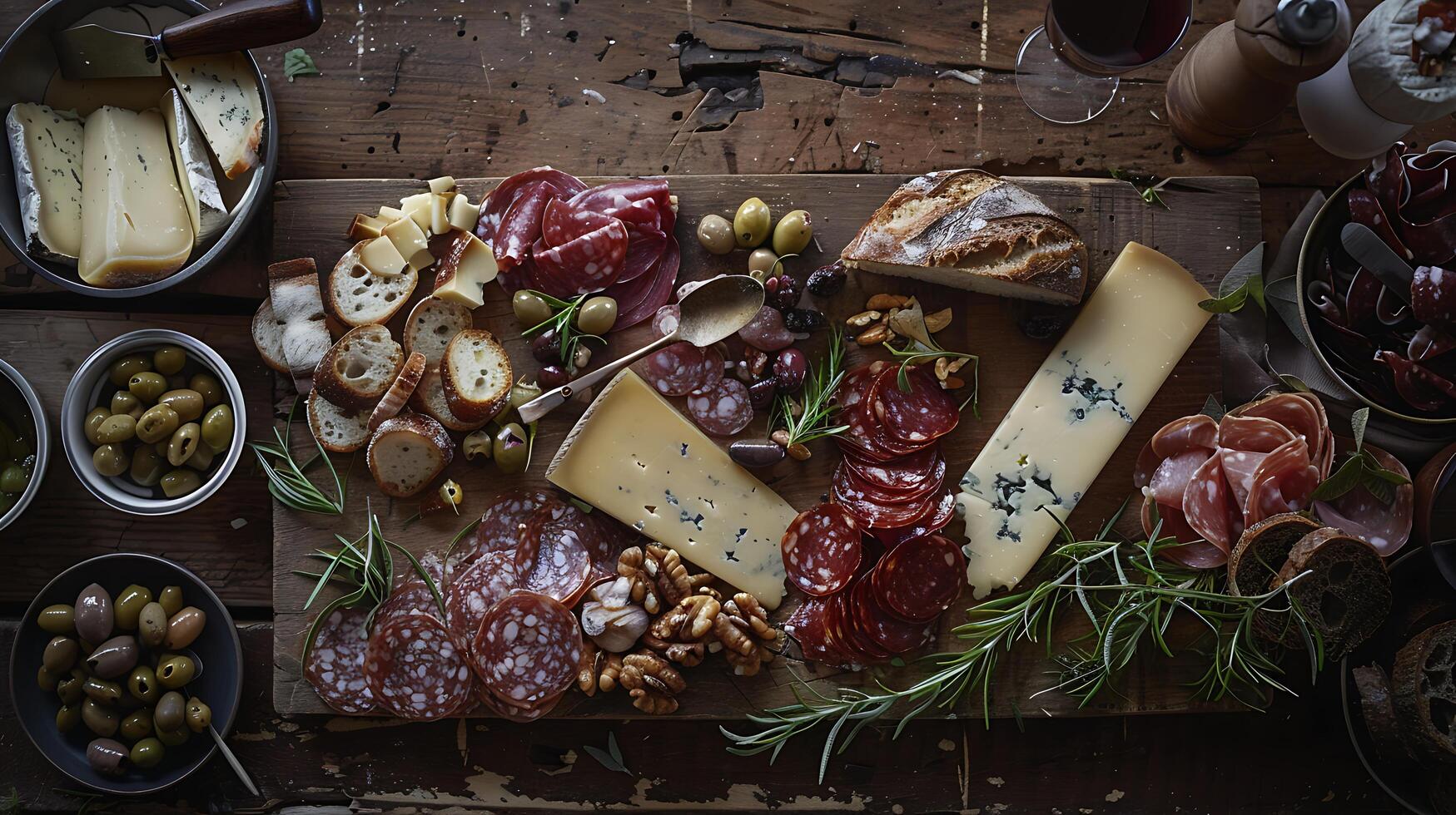 ai generiert köstlich Wurstwaren Tafel auf rustikal Tabelle Käse Fleisch Oliven und handwerklich Brot foto